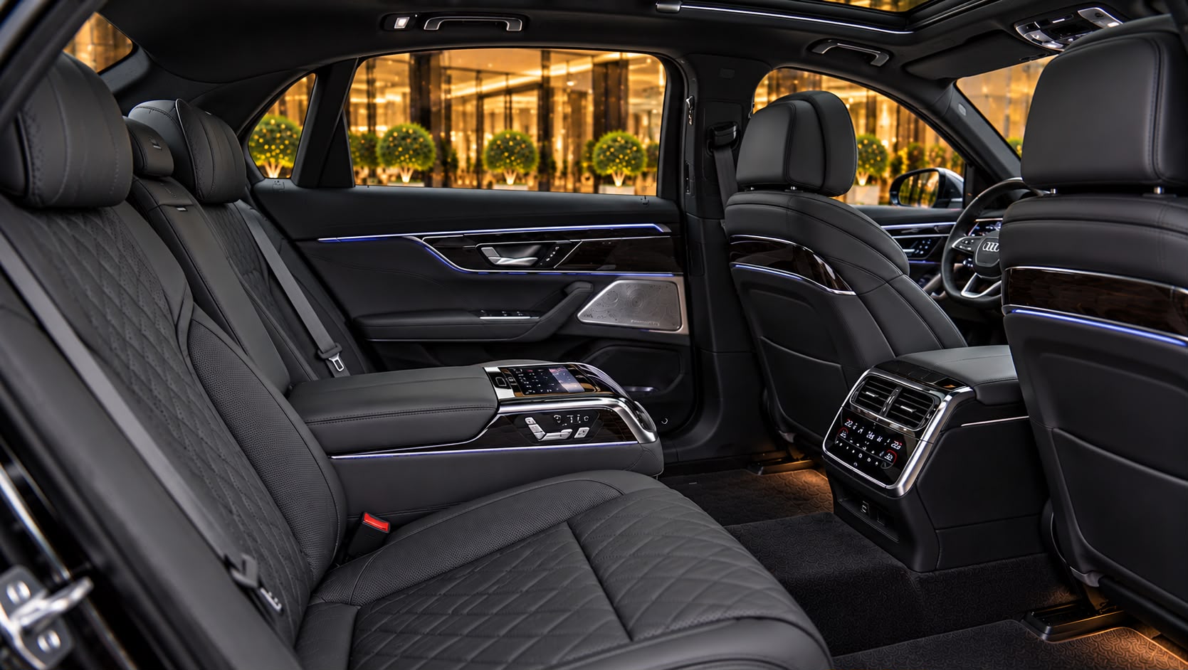Audi A8 black leather rear passenger interior