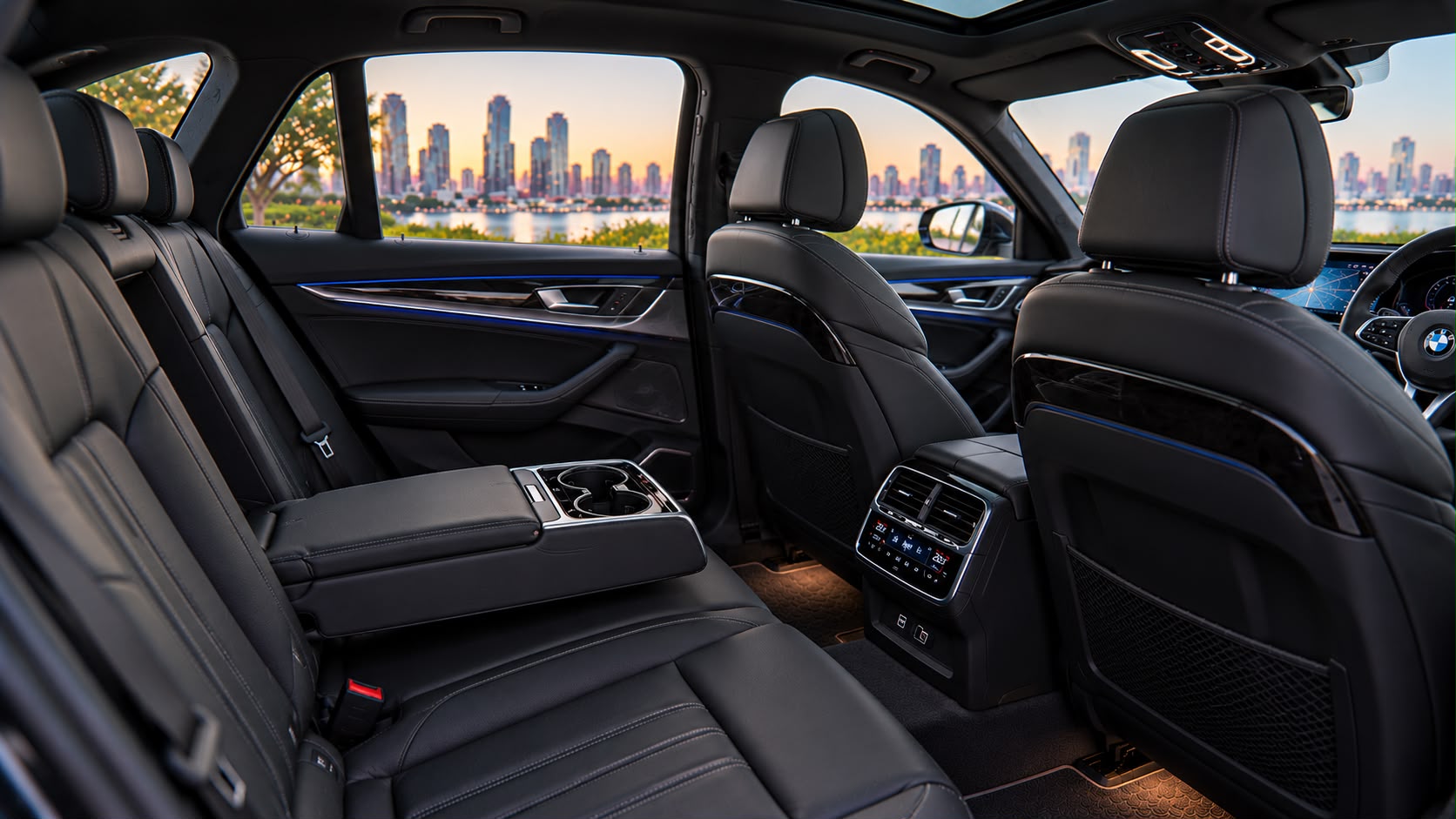 BMW 5 Series premium black leather rear passenger interior