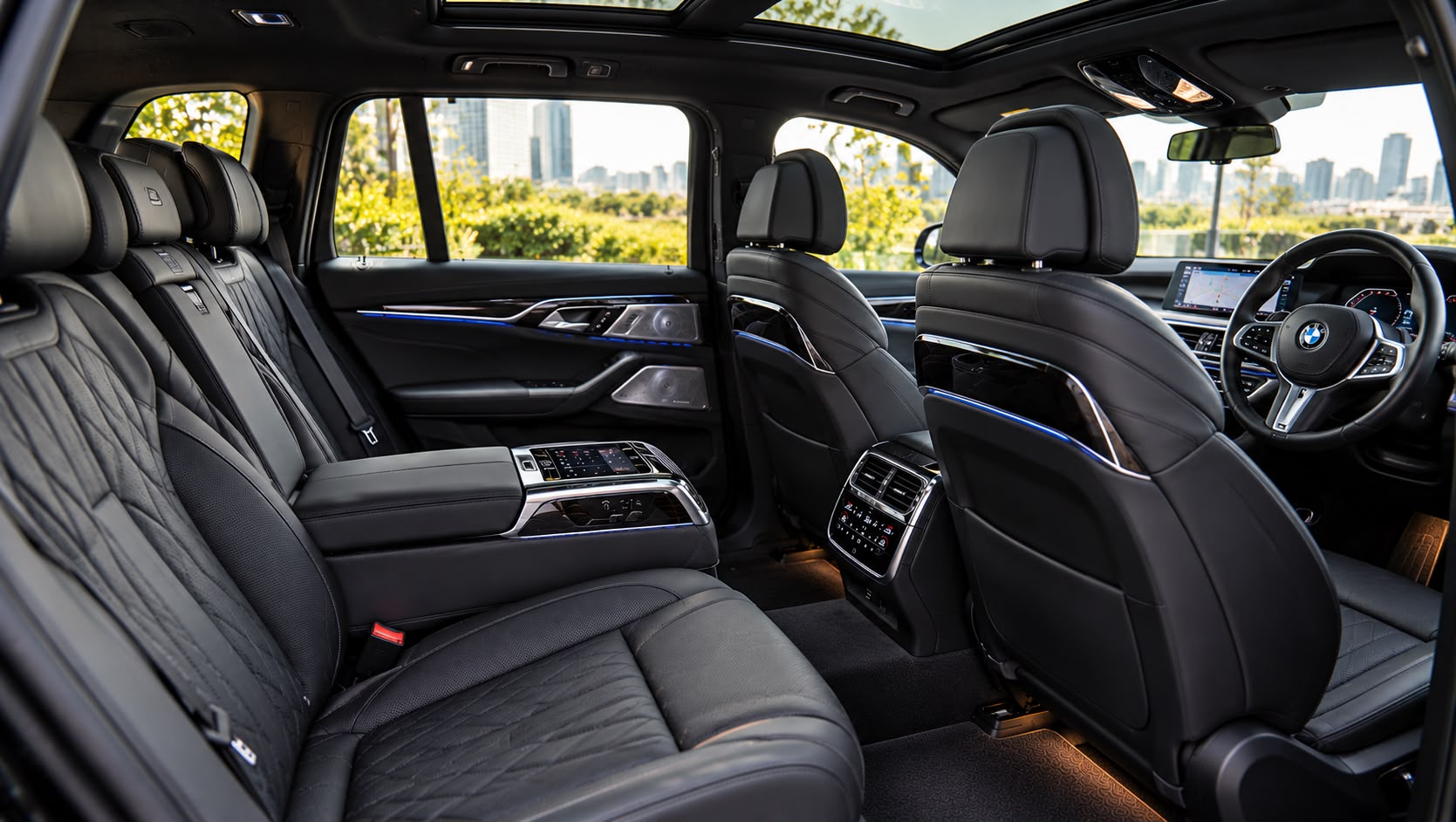 BMW X7 black luxury passenger interior with right hand drive cockpit