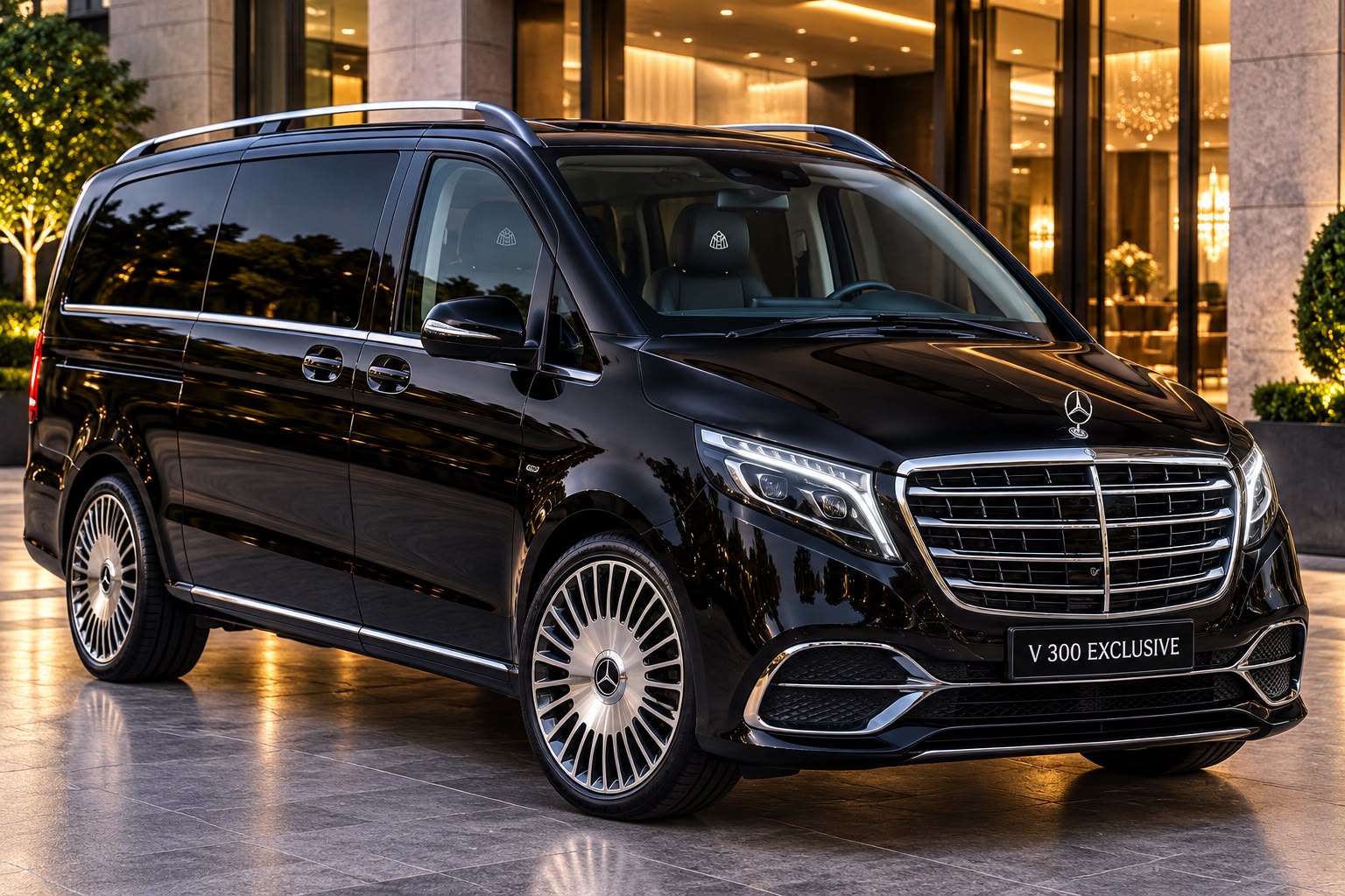 Black Mercedes-Benz V300 Exclusive luxury van with chrome grille