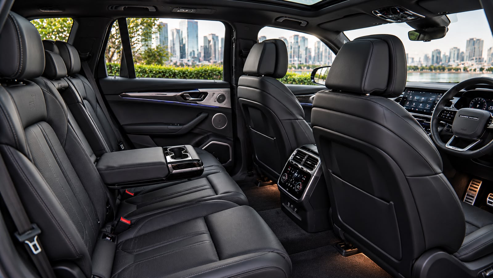 Range Rover Sport premium black leather rear passenger interior