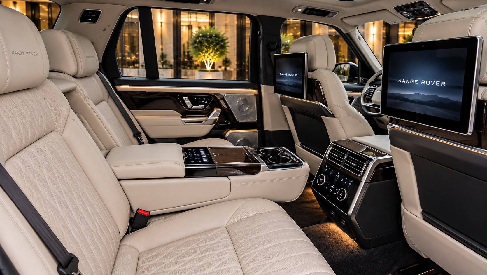 Range Rover Autobiography LWB rear passenger cabin with centre armrest and entertainment screens