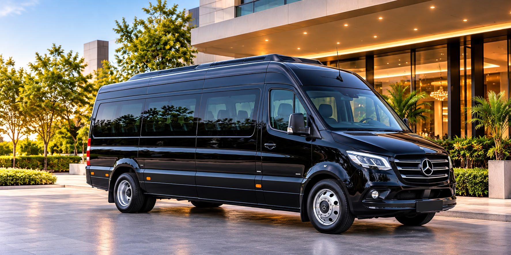 Black Mercedes-Benz Sprinter Bus for 14 passenger group transport