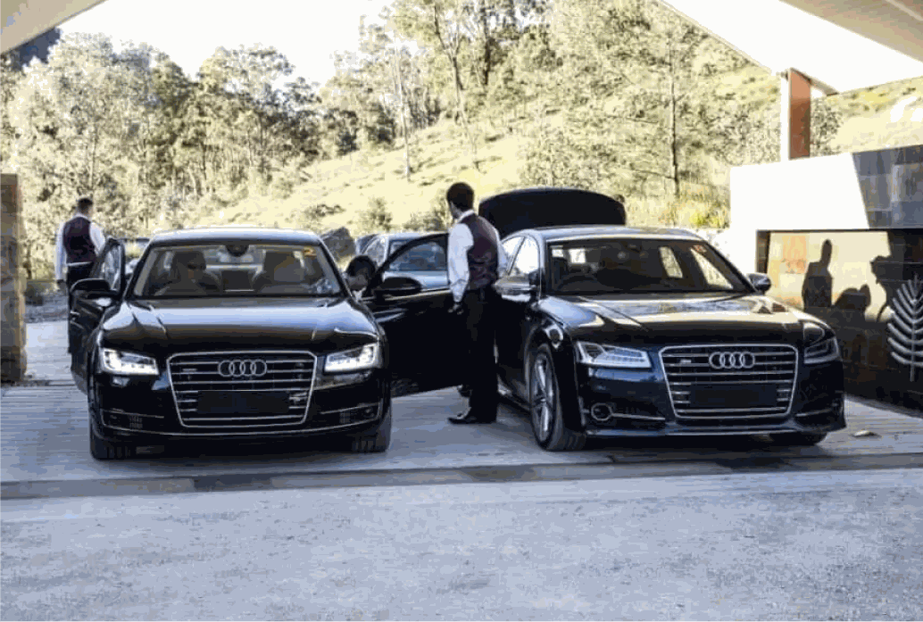 Luxury school formal chauffeur car hire service Australia with black sedan and limousine